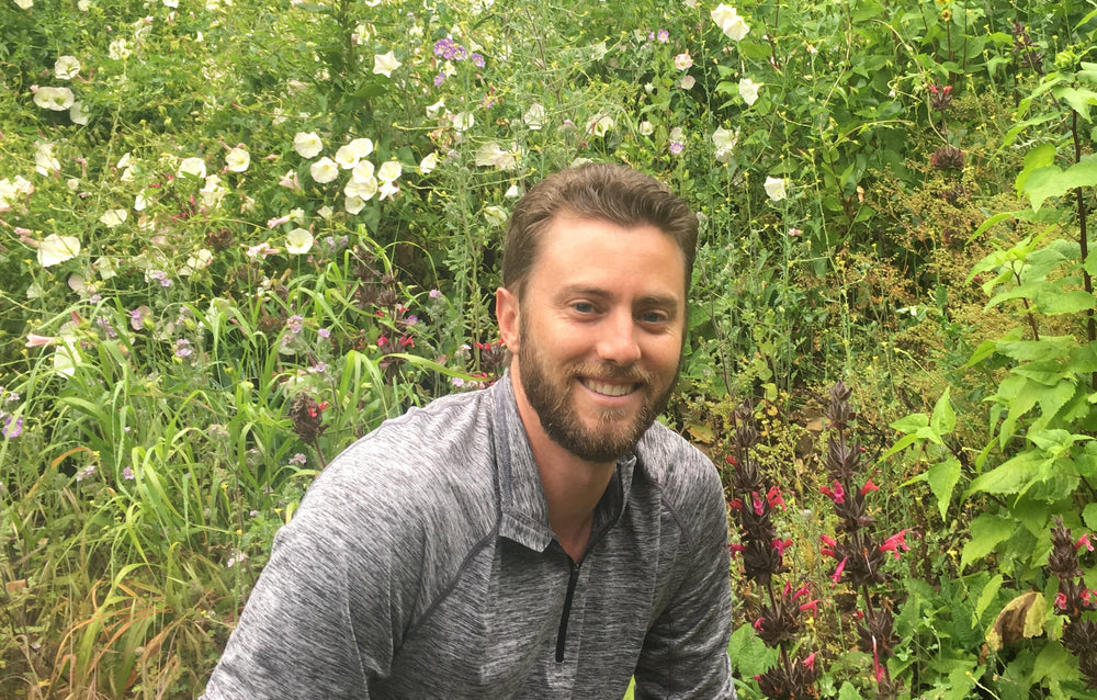 Man in a field with green plants and red and white flowers.